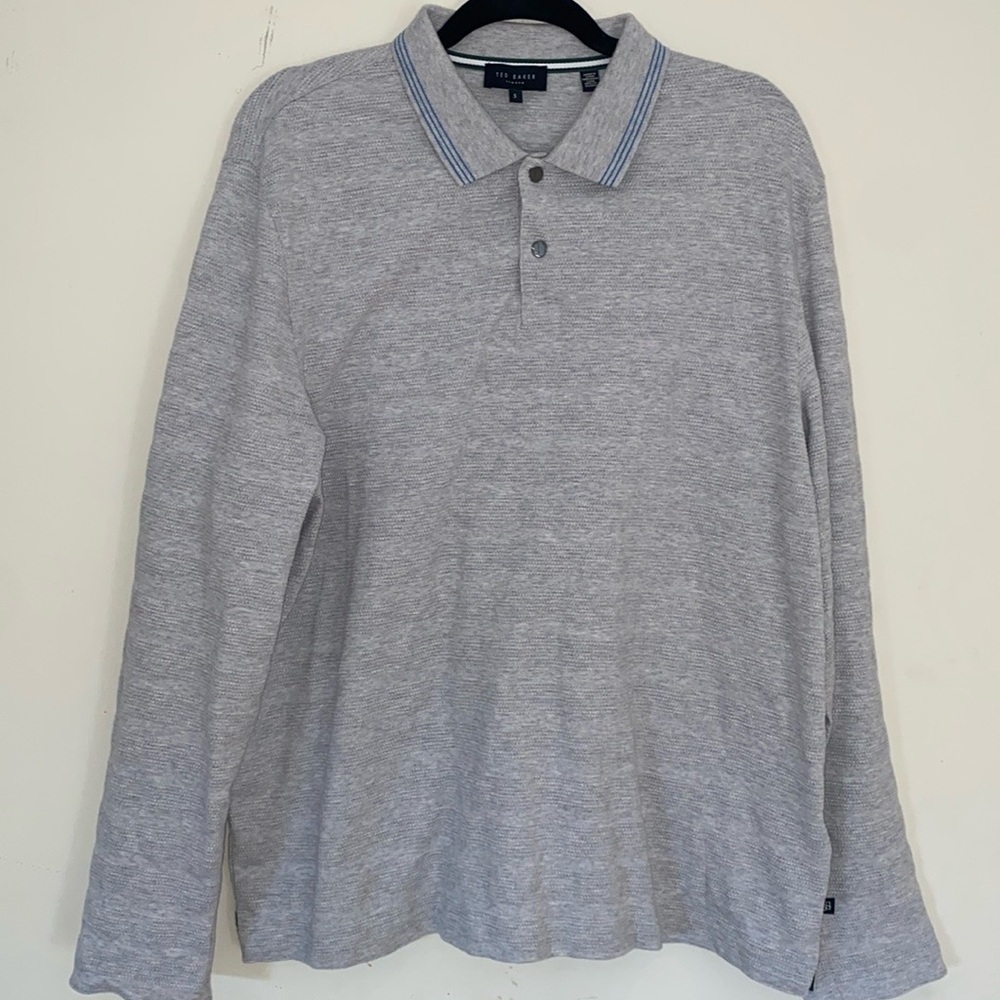 Ted Baker men’s light gray long sleeve texture stripe polo Sz 5 (Large)